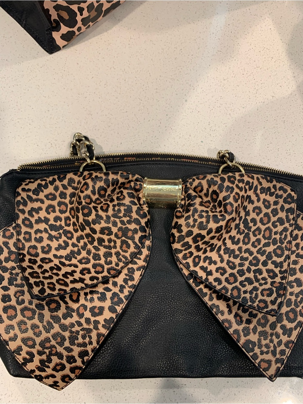 Betsey Johnson Black Leopard Bow Accent Shoulder Bag